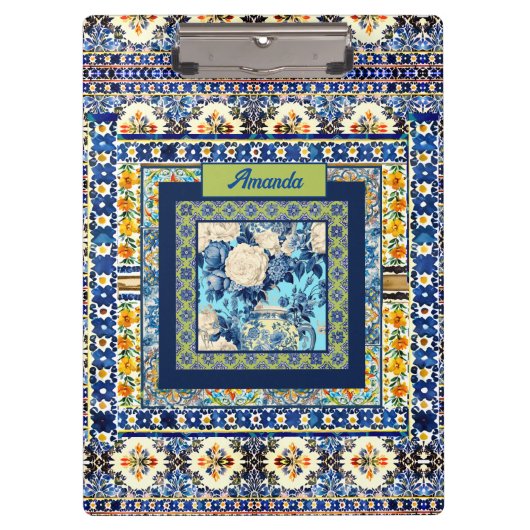 フローラエレガントブルーのタイルchinoiserieモノグラムノート クリップボード (正面)