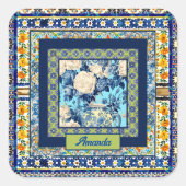 フローラエレガントブルーのタイルchinoiserieモノグラムノート スクエアシール (正面)