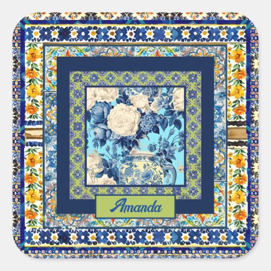 フローラエレガントブルーのタイルchinoiserieモノグラムノート スクエアシール (正面)