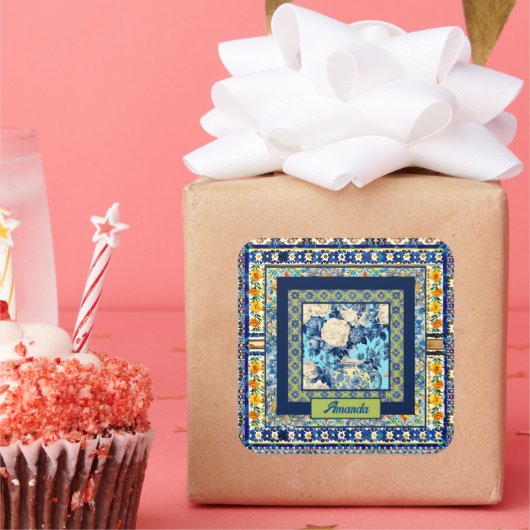 フローラエレガントブルーのタイルchinoiserieモノグラムノート スクエアシール (パーティー)