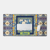 フローラエレガントブルーのタイルchinoiserieモノグラムノート デスクマット (キーボード&マウス)