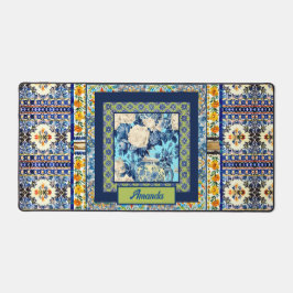 フローラエレガントブルーのタイルchinoiserieモノグラムノート デスクマット
