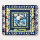 フローラエレガントブルーのタイルchinoiserieモノグラムノート マウスパッド (正面)