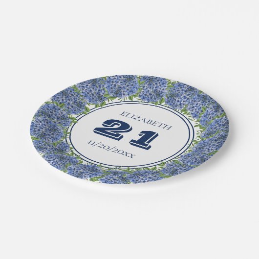 フローラエレガントブルーアジサイ21歳の誕生日パーティー ペーパープレート (アングル)