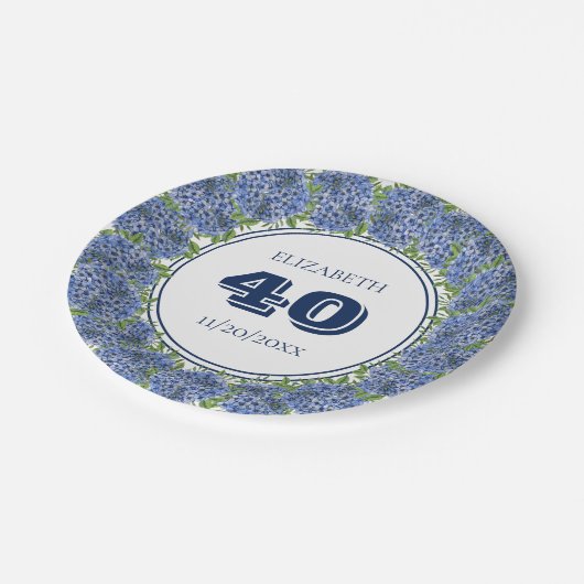 フローラエレガントブルーアジサイ40歳の誕生日パーティー ペーパープレート (アングル)