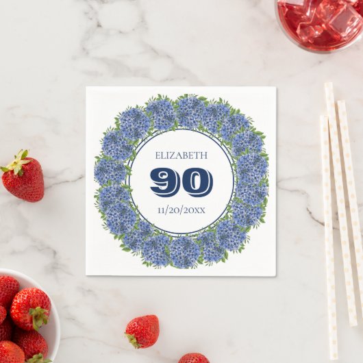 フローラエレガントブルーアジサイ90th誕生日パーティー スタンダードカクテルナプキン (インサイチュ)