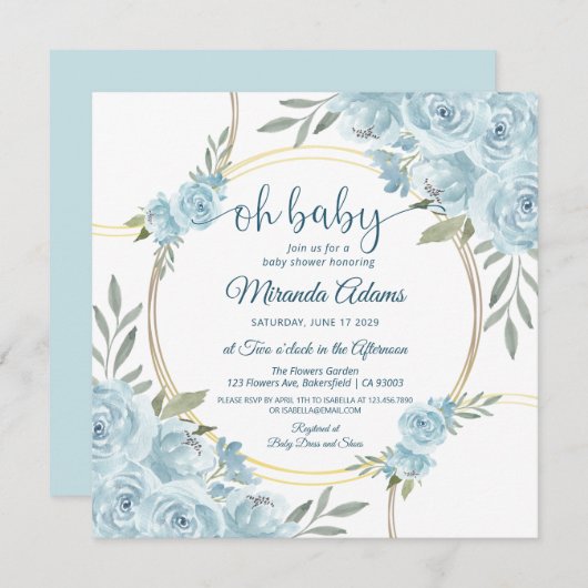 フローラエレガントブルーウォーター色ボーイベビーシャワー 招待状 (正面/裏面)