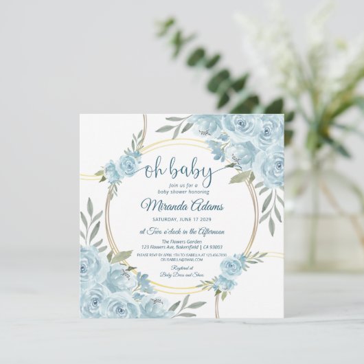 フローラエレガントブルーウォーター色ボーイベビーシャワー 招待状 (スタンド正面)