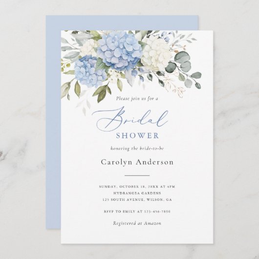 フローラエレガントブルーホワイトアジサイブライダルシャワー 招待状 (正面/裏面)