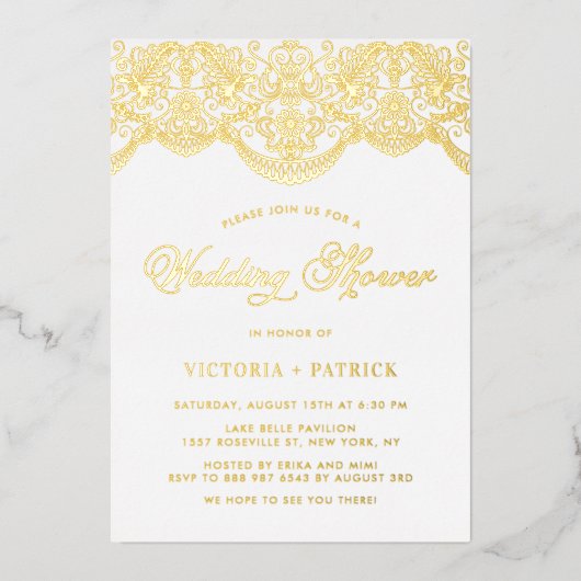 フローラエレガントブロケードレースウェディングシャワー 箔招待状 (正面)