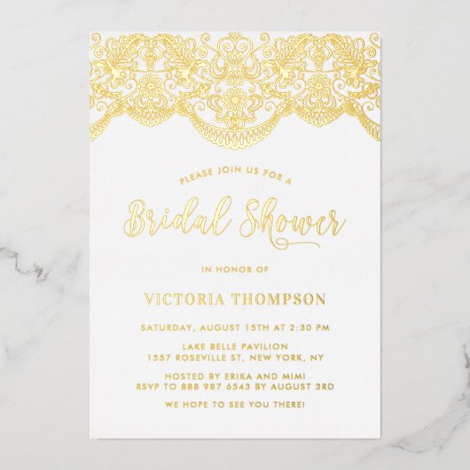 フローラエレガントブロケードレースブライダルシャワー 箔招待状 (正面)