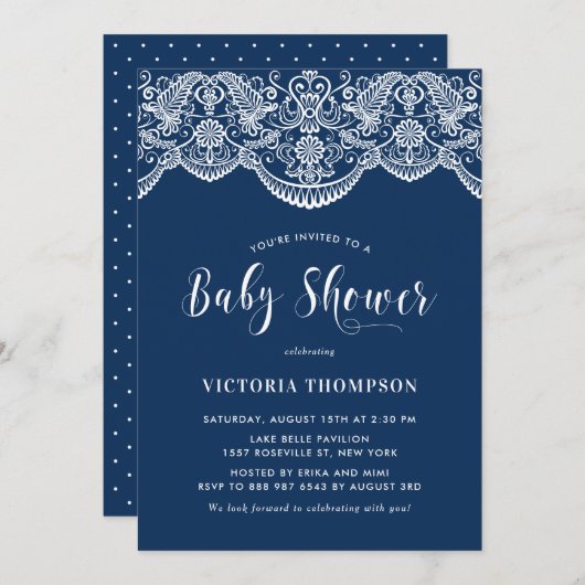 フローラエレガントブロケードレースブルーベビーシャワー 招待状 (正面/裏面)