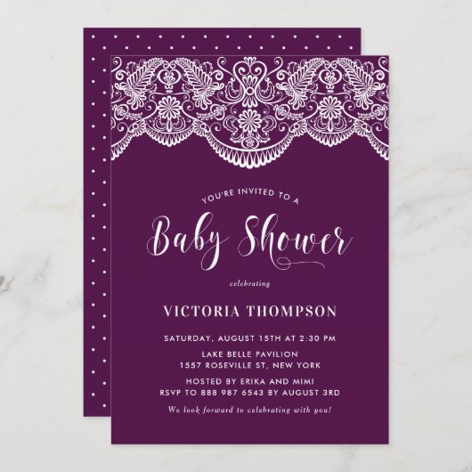 フローラエレガントブロケードレース紫ベビーシャワー 招待状 (正面/裏面)