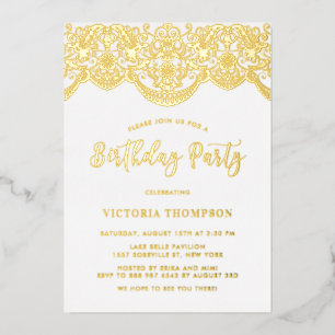 フローラエレガントブロケードレース誕生日パーティー 箔招待状
