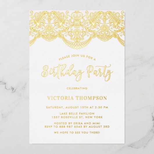 フローラエレガントブロケードレース誕生日パーティー 箔招待状 (正面)