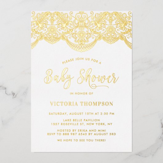 フローラエレガントブロケードレース赤ちゃんシャワー 箔招待状 (正面)