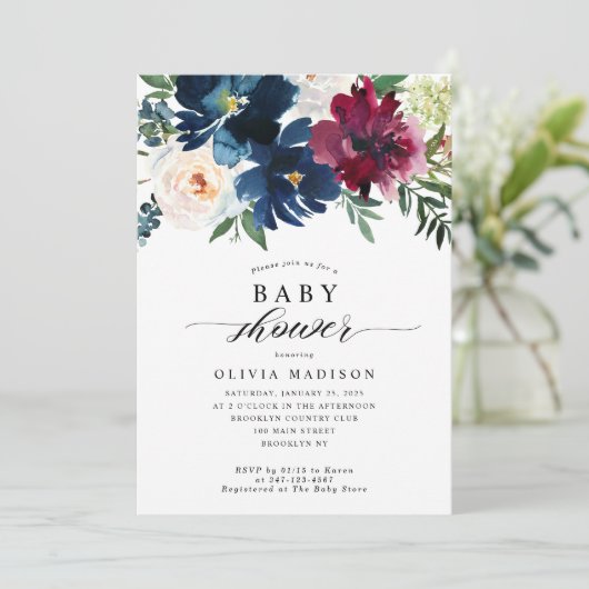 フローラエレガントベイビーシャワーネイビーブルーブルゴーニュ 招待状 (スタンド正面)