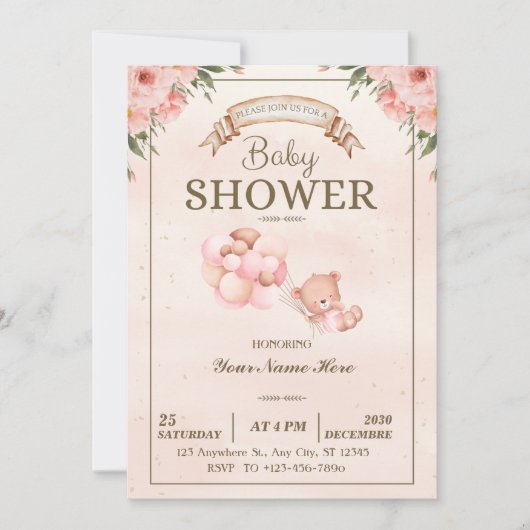 フローラエレガントベビーシャワーガール招待状 招待状 (正面)