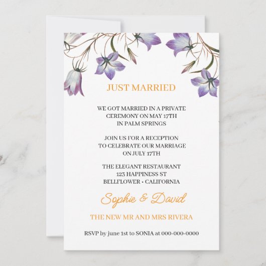 フローラエレガントベルフラワーたった今結婚しました結婚ズ 招待状 (正面)