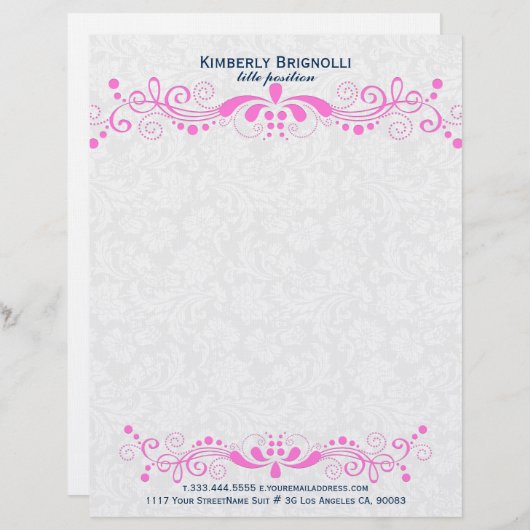 フローラエレガントホットピンクレースとホワイトダマスク レターヘッド (正面/裏面)