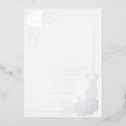 フローラエレガントホワイトとシルバーの金ゴールド結婚ズ 箔招待状 (正面)