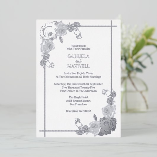 フローラエレガントホワイトとシルバーの金ゴールド結婚ズ 箔招待状 (立ち正面)