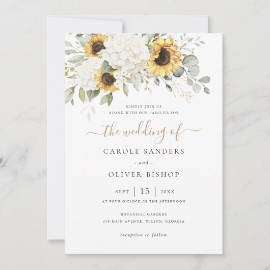 フローラエレガントホワイトアジサイひまわり結婚の花 招待状 (正面)