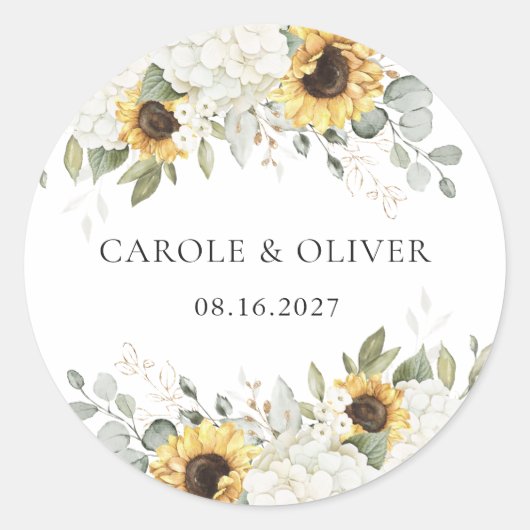 フローラエレガントホワイトアジサイひまわり結婚の ラウンドシール (正面)
