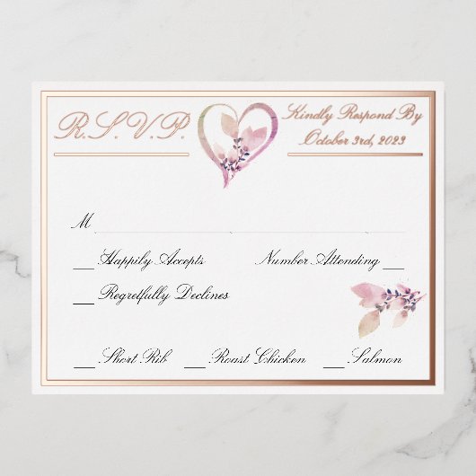 フローラエレガントホワイトウェディングRSVPバラ金ゴールド 箔招待状ポストカード (正面)