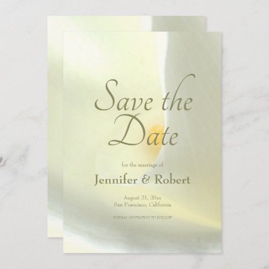 フローラエレガントホワイトカラリリー日付を保存 招待状 (正面/裏面)