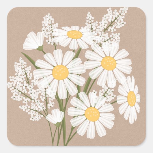 フローラエレガントホワイトデイジーオンベージュ結婚ズ スクエアシール (正面)