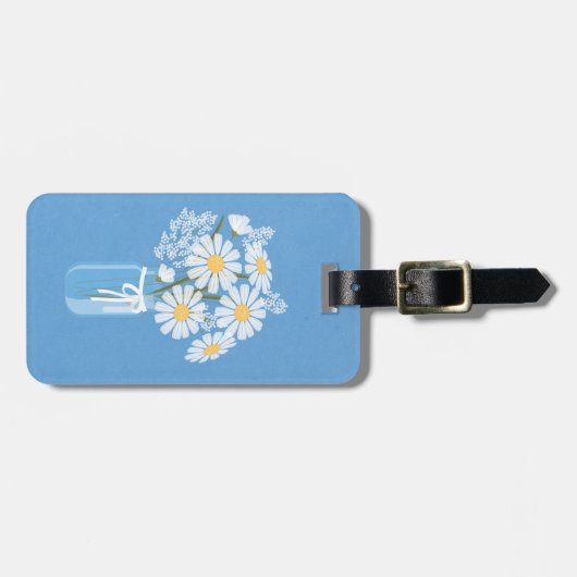 フローラエレガントホワイトデイジーズメイソンジャールブルー ラゲッジタグ (正面横)