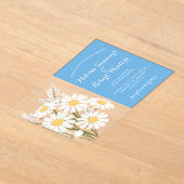 フローラエレガントホワイトデイジー結婚ブーケズブルー アクリル招待状 (レイダウン)