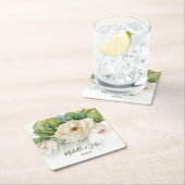 フローラエレガントホワイトマグノリアのスクリプト名結婚の スクエアペーパーコースター (インサイチュ)