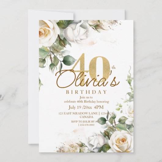 フローラエレガントホワイトローズ&金ゴールド40th誕生日 招待状 (正面)