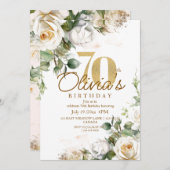 フローラエレガントホワイトローズ&金ゴールド70th誕生日 招待状 (正面/裏面)