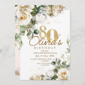 フローラエレガントホワイトローズ&金ゴールド80th誕生日 招待状 (正面/裏面)