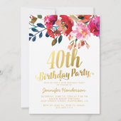 フローラエレガントホワイト金ゴールド40歳の誕生日パーティー 招待状 (正面)
