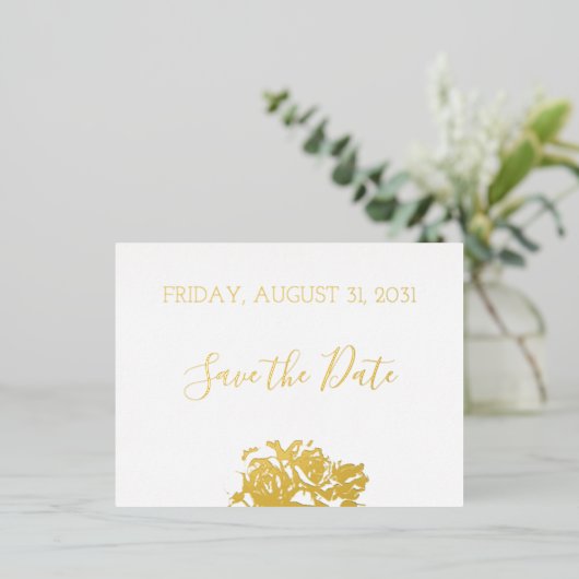 フローラエレガントボタニキュー金ゴールド結婚式の日付を保存 箔シーズンポストカード (立ち正面)