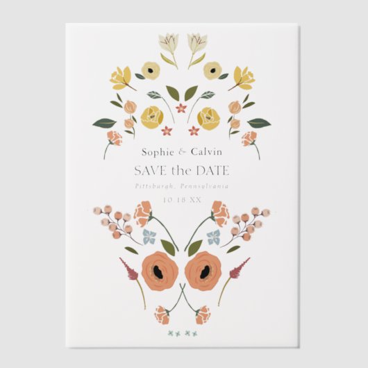 フローラエレガントボホウェディング日付を保存 ベラム紙招待状 (正面)