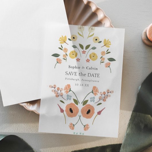 フローラエレガントボホウェディング日付を保存 ベラム紙招待状