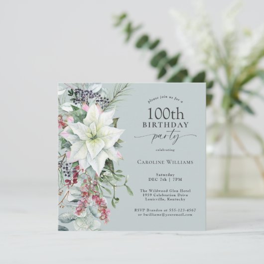 フローラエレガントポインセチア12月100誕生日 招待状 (スタンド正面)