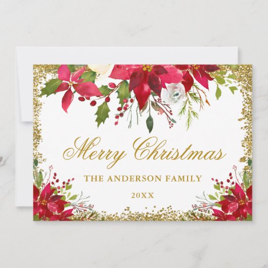 フローラエレガントポインセティアクリスマス金ゴールドグリッター カード (正面)