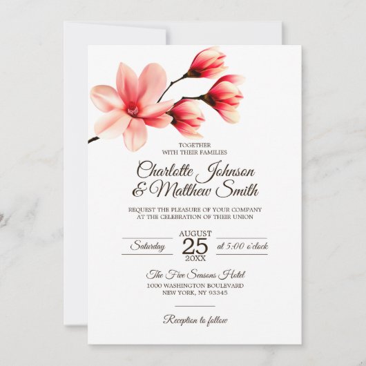 フローラエレガントマグノリアコーラルピンクピーチ結婚ズ 招待状 (正面)