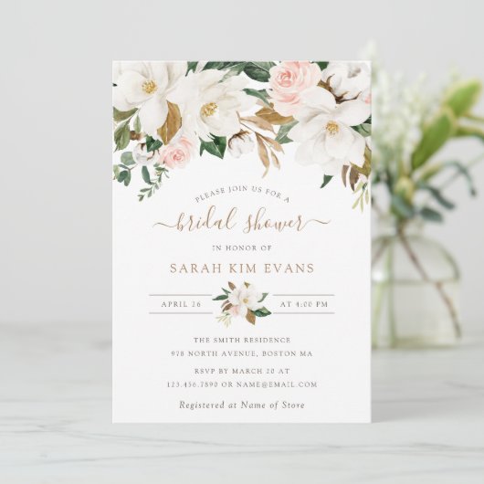 フローラエレガントマグノリア赤面ホワイトブライダルシャワー 招待状 (スタンド正面)