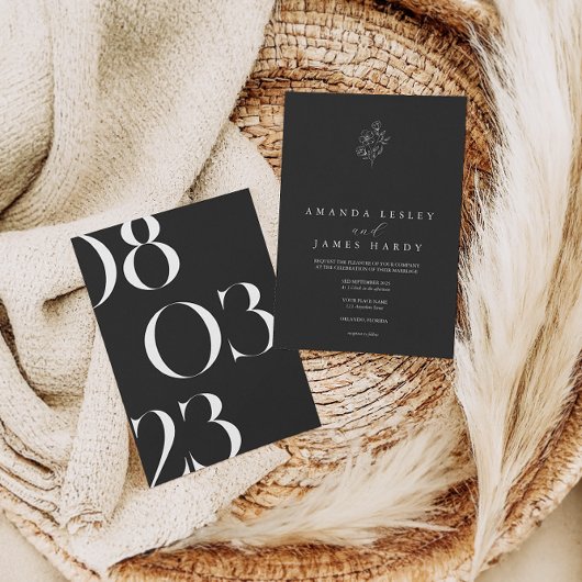 フローラエレガントミニマリスト黒結婚白 招待状