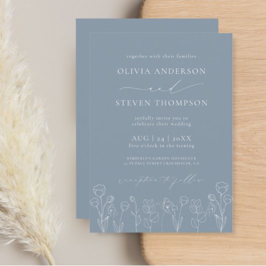 フローラエレガントモダンダスティブルーブルー結婚式招待状 招待状