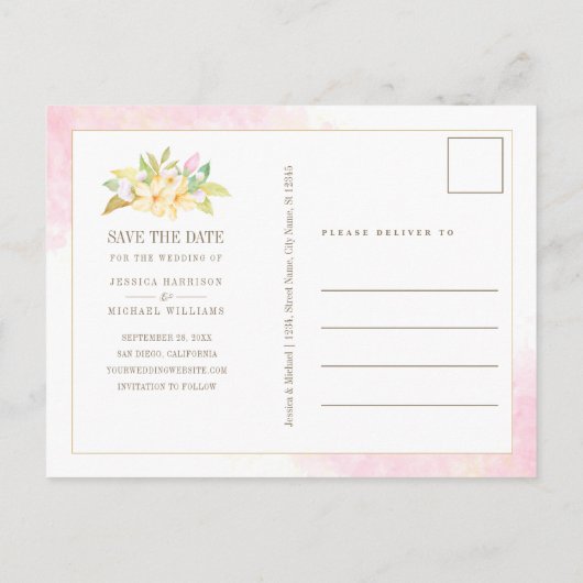 フローラエレガントモノグラム水の色の保存日付 インビテーションポストカード (裏面)