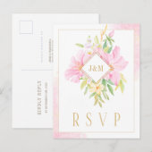 フローラエレガントモノグラム水カラーピンク金ゴールドRSVP ポストカード (正面/裏面)