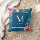 フローラエレガントモノグラム海ブルー装飾用クッション クッション (ブランケット)